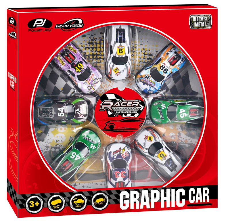 Power Joy Vroom Vroom Pullback Graphic Car 8 Pieces Set